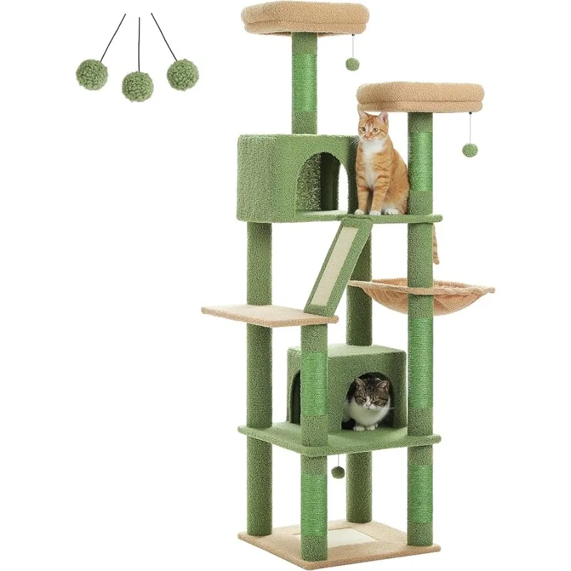 

PAWZ Road 70 Inch Cat Tower, Cactus Cat Tree with 2 Cozy Condos, 2 Plush Perch, Large Basket, 2 Scraching Pad & 6 Scraching Post