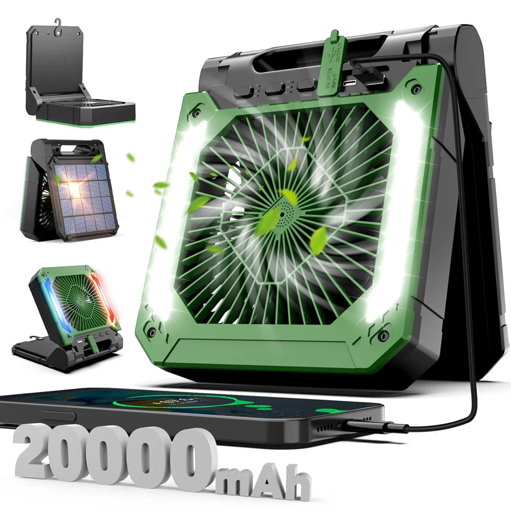 Ventilatore elettrico portatile da 20000 mAh con gancio da campeggio per auto con tenda a luce LED, USB e ricarica solare per escursioni, pesca,