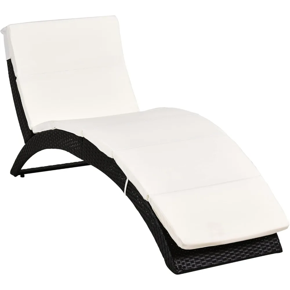 Patio Foldable Wicker Chaise Lounge, PE Rattan Outdoor Lounge Chair, Bed with Cushion for Garden, Backyard, Lawn, Beige