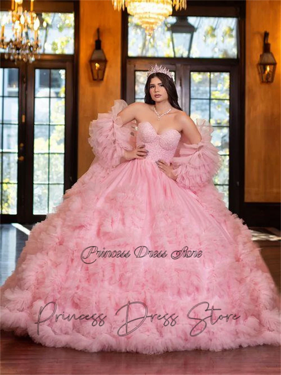 Luxe Glanzend Roze Gezwollen Quinnceanera Jurk Baljurk Kralen Met Cape Sweet 16 Vestidos De 15 Anos Twee Stukken (Rok En Cape)