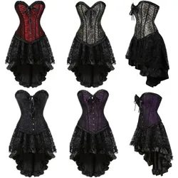 Gothic Floral Lace up Corset Dress Showgirl Clubwear Lingerie Costume Burlesque Bustiers Corsets and Skirt Set Exotic Women's