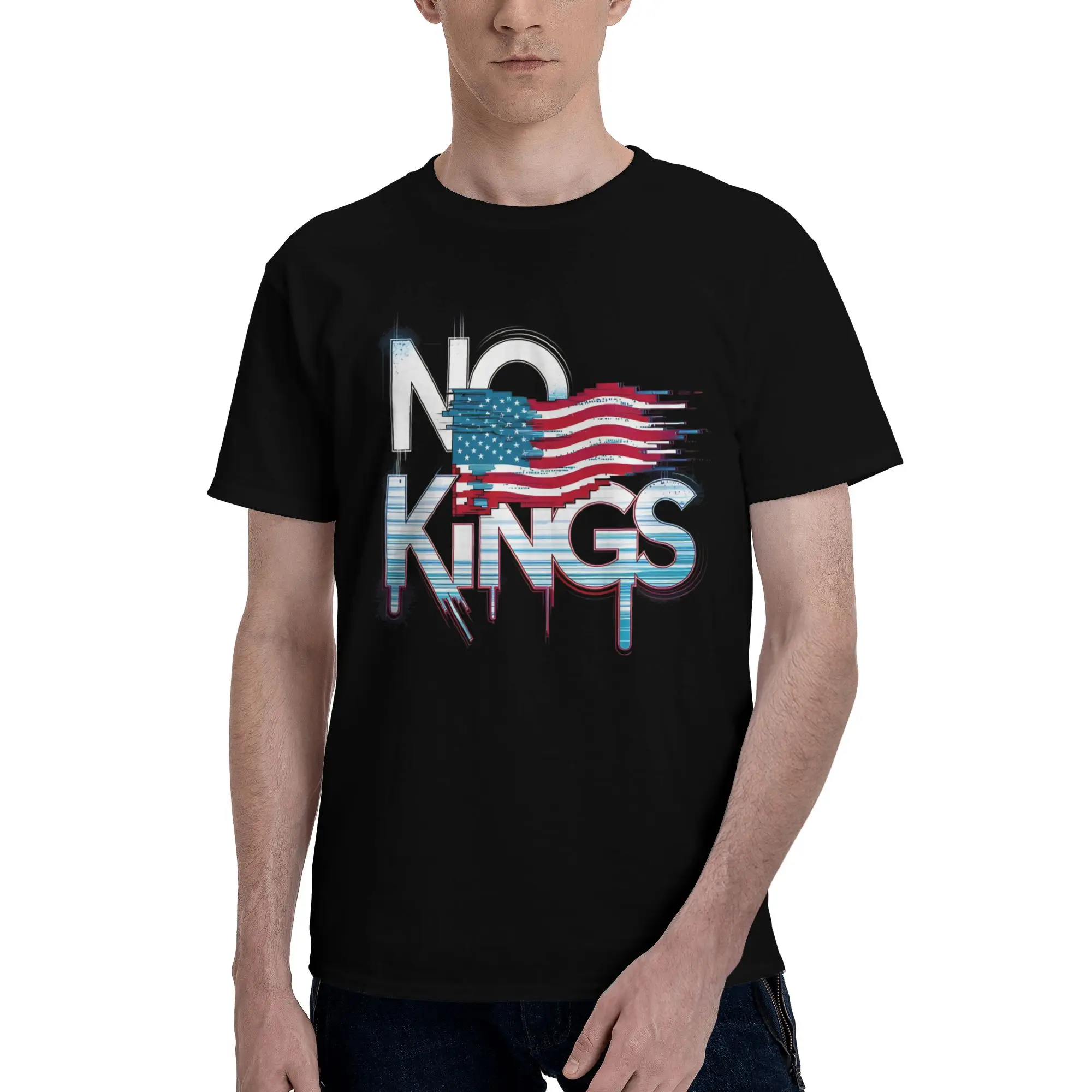 Protest Glitch American Flag Graphic, Anti Authoritarian Freedom  Funny Graphic 100% Cotton T-Shirt No Kings Tees Tops For Men