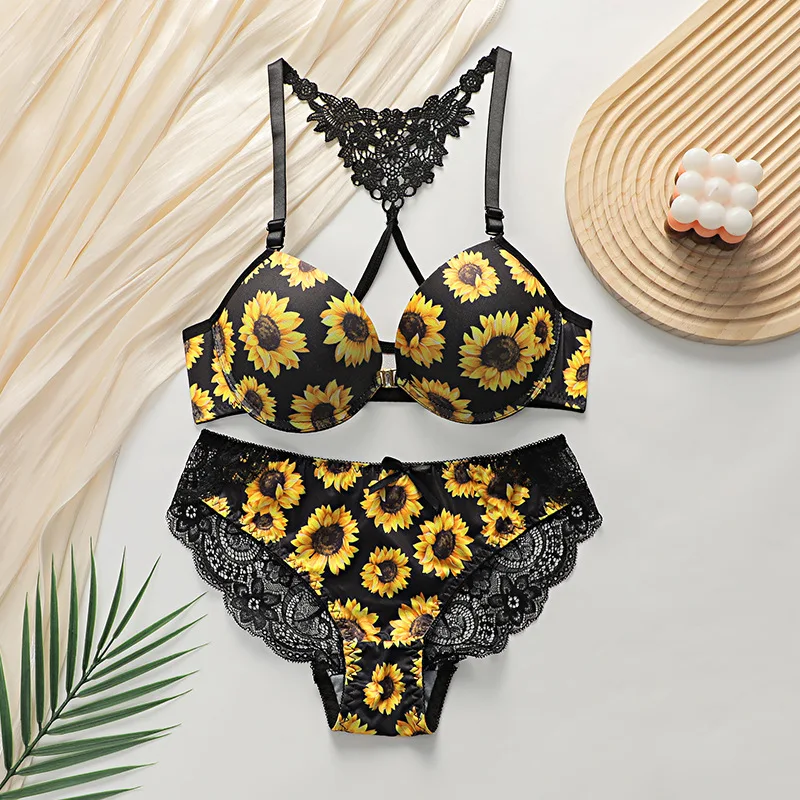 Women's Sunflower Bra Set Push Up Lace Back Lingerie Set 2 Piece Underwear 2026