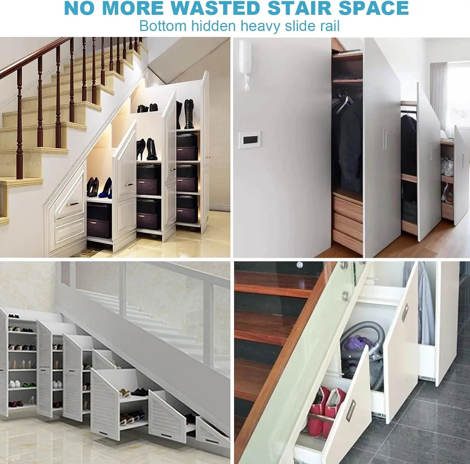 1Pair Heavy Floor Mount Pull Out Drawer Slide For Under Stair Storage Silver Black
