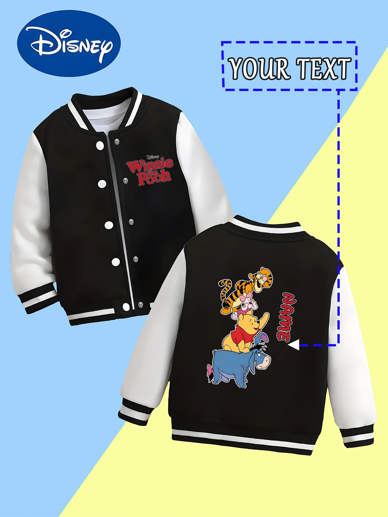 

MINISO Disney Winnie the Pooh Fun Collection Boys' Baseball Jacket - Featuring adorable Winnie the Pooh and friends, this jacket