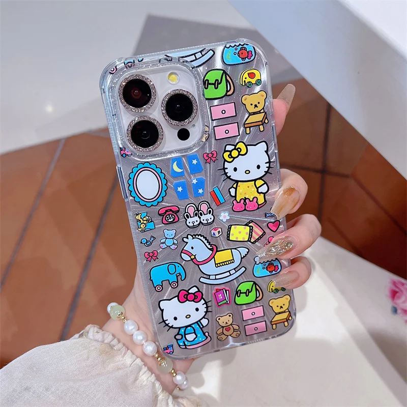 New 3D Sanrio Shopping Kitty Cartoon Phone Case For Apple iPhone 15 13 14 Pro Max Cute Four corner Anti fall Aurora Powder Cases