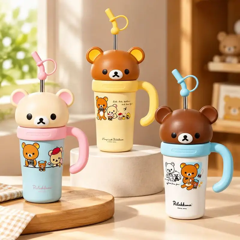 In Stock Rilakkuma Ton Ton Cup 830ml Large Capacity Water Cup Portable Cartoon Bear Drinking Straw Cup  Peripheral Gifts