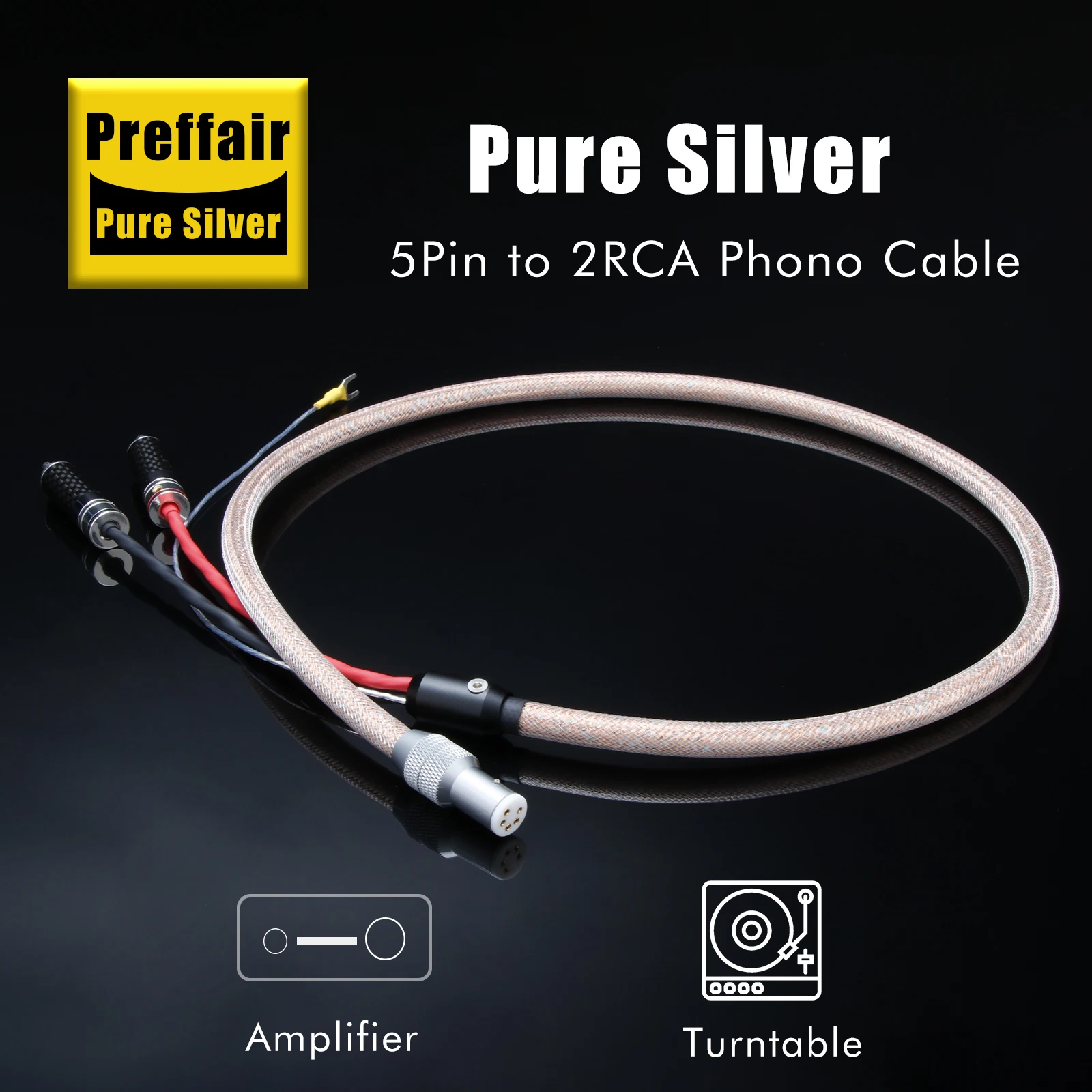 Preffair High-End X457 Pure Silver Tonearm Cable 5 Pin DIN to 2RCA Phono Turntables Analog Cable