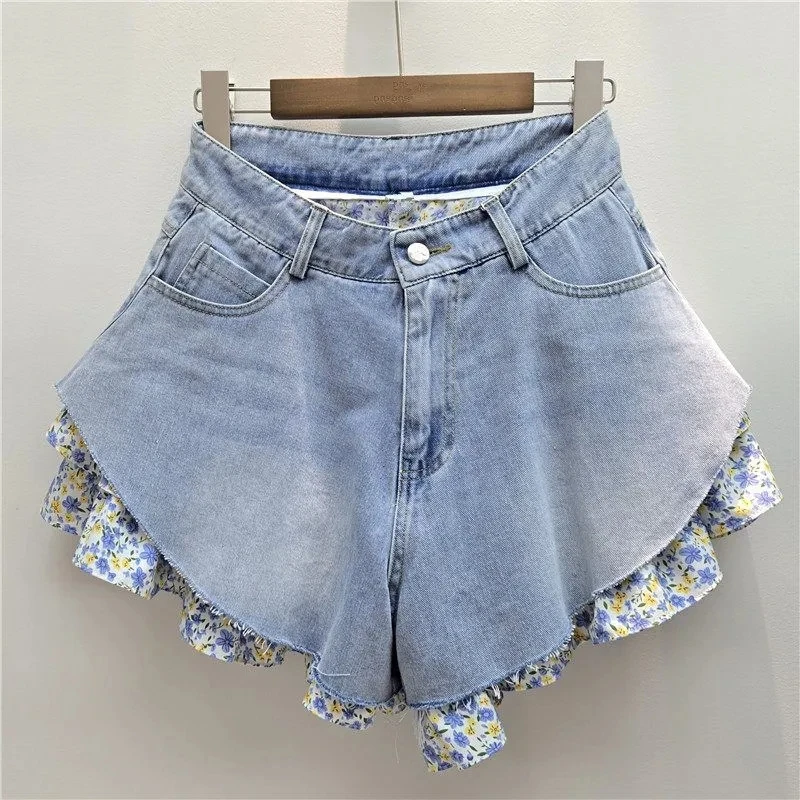 2026 American Vintage Washed Plaid Spliced A-line Denim Booty Shorts Women's Summer New Casual Street Wear Short Pants 3 Colors