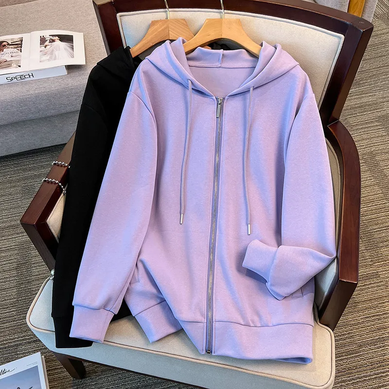 175Kg Plus Size Women's Bust 170 Autumn Loose Hooded Sweatshirt Cardigan Jacket Black Purple 5XL 6XL 7XL 8XL 9XL