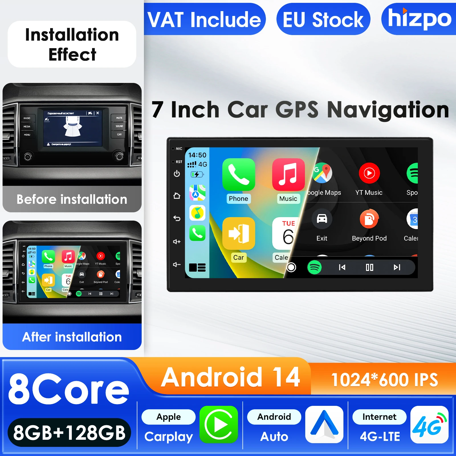 Hizpo 7 Zoll Autoradio für Universal Car Audio Multimedia Player CarPlay Android Auto GPS Bluetooth 4G WIFI FM RDS Autoradio AI
