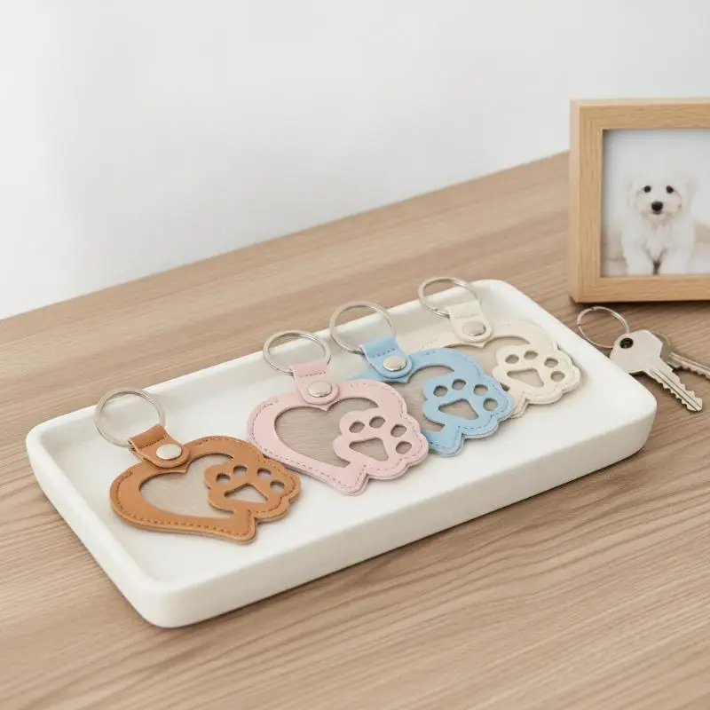 Pet Memorial Keychain Scratch Resistant PU Leather Heart Paw Print Photo Frame Pendant for Pet Loss Gift