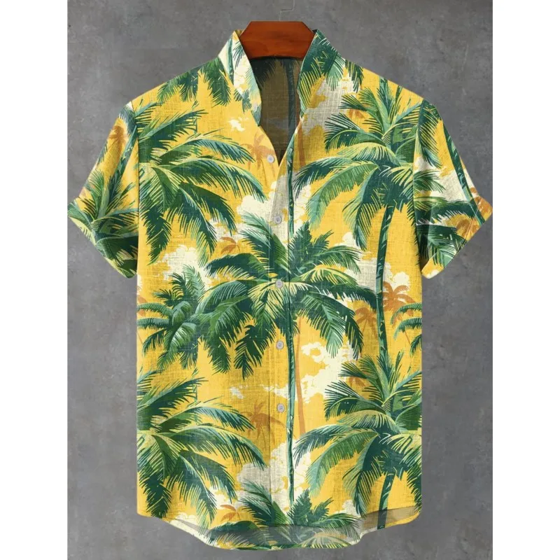 Men Lapel Short Sleeve Shirt Colorful Plumeria Bird of Paradise Palm Leaf Print Loose Tropical Beach Holiday Button Casual Tops