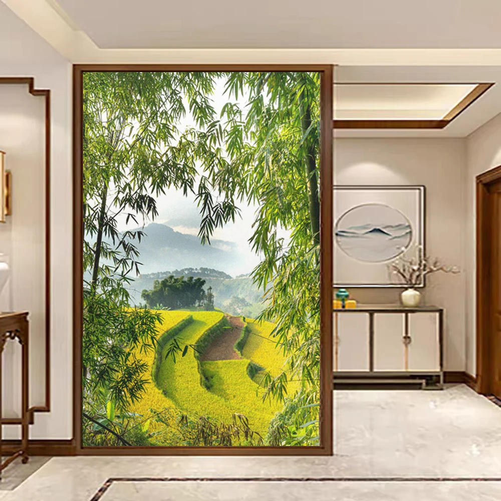 

PVC Privacy Glass Window Frosted Film Bamboo Terraced Fields Pattern Anti UV Glue-Free Static Cling Stained Glass Door Sticker