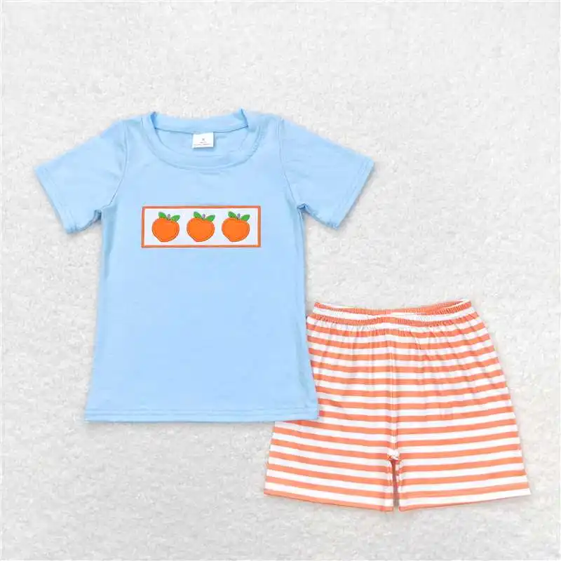 New Summer Embroidered Orange Blue Short Sleeve Orange And White Striped Shorts Suit Match Baby Boys Girls Styles RTS