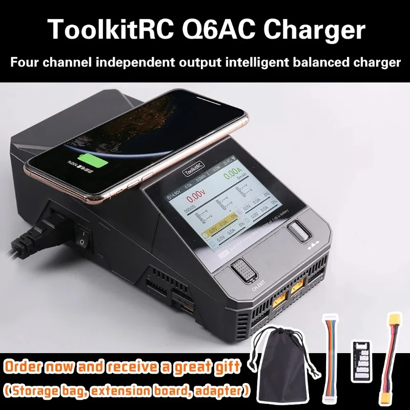 ToolkitRC Q6AC Charger AC 400W/DC 1000W 4CH Output Built-in 65W USB A/TYPEC Output ,LiPo, 1-6S NiMH 1-16S,PB 1-10S Charger IPS