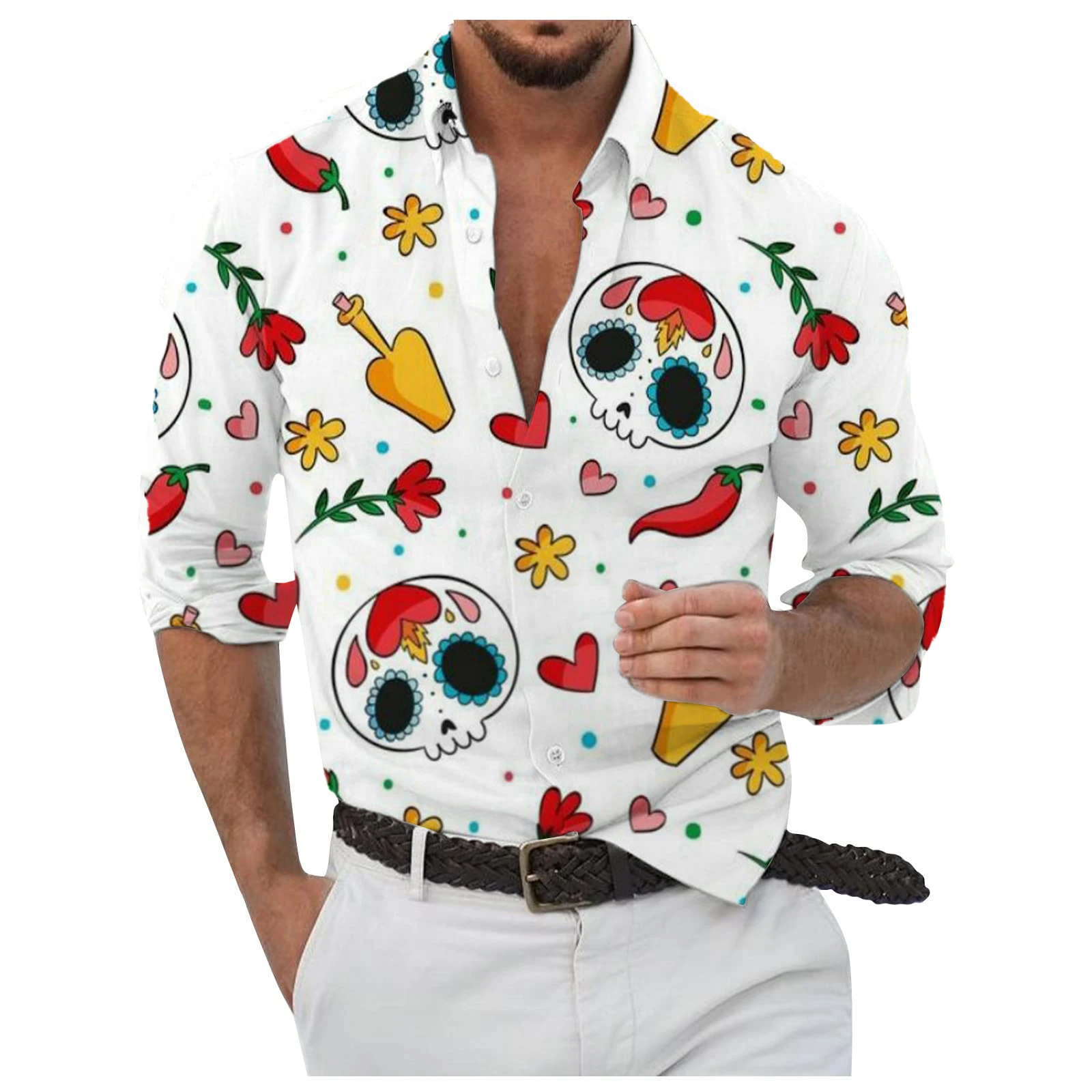 Camisa de manga larga con gráficos de calavera de azúcar de México para hombre, Tops transpirables, camisa de manga larga con patrón temático de halloween, cuello vuelto