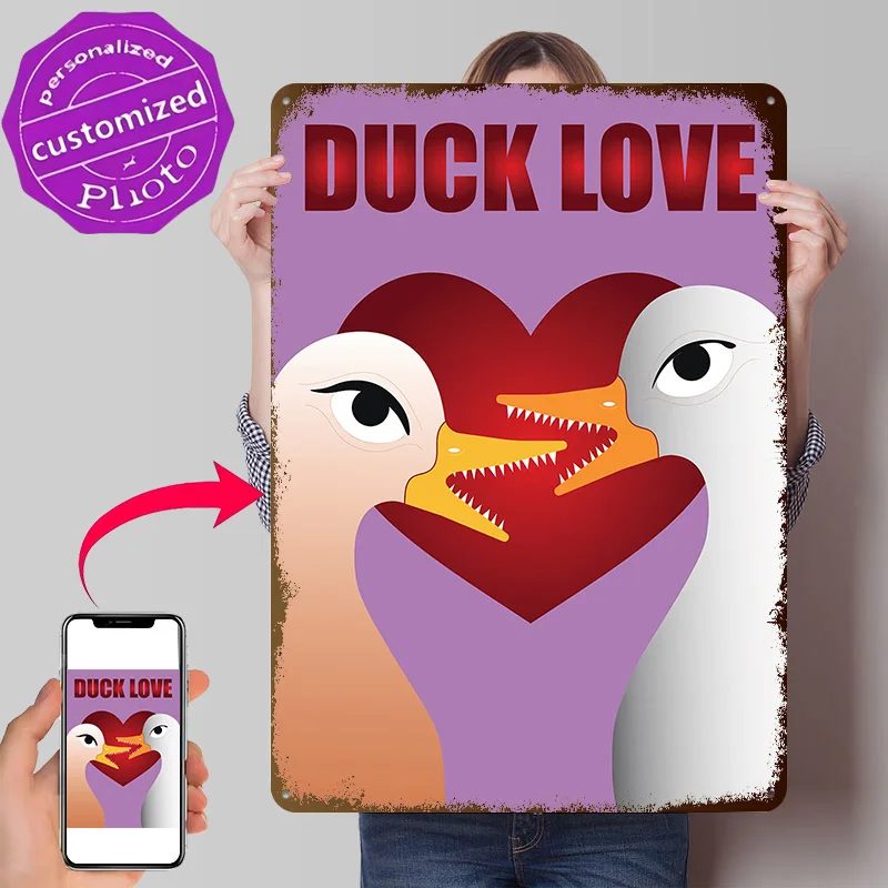 Duck Love Illustration 3D Texture Printed Poster Custom Vintage Metal Tin Plate Sign for Wall Art Room Decorating Interior Decor