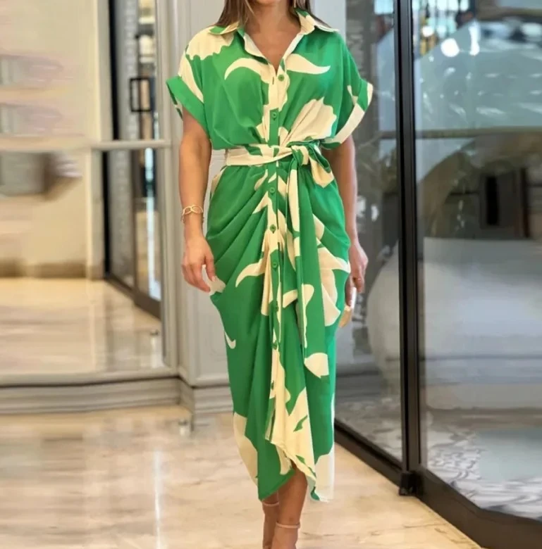 

Женские элегантные платья макси с короткими рукавами и пуговицами, драпированные, с высокой талией, на шнуровке, повседневные платья, модная шикарная рубашка, длинное платье