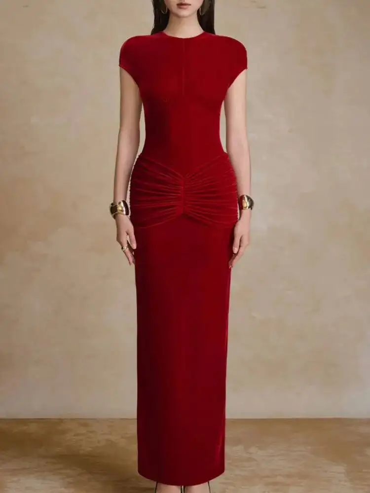 TLXT Moda Donna Elegante Abito da Sera in Velluto a Pieghe Vino Rosso Slim Fit Girocollo One-Step Manica Corta Primavera Nuovi Abiti