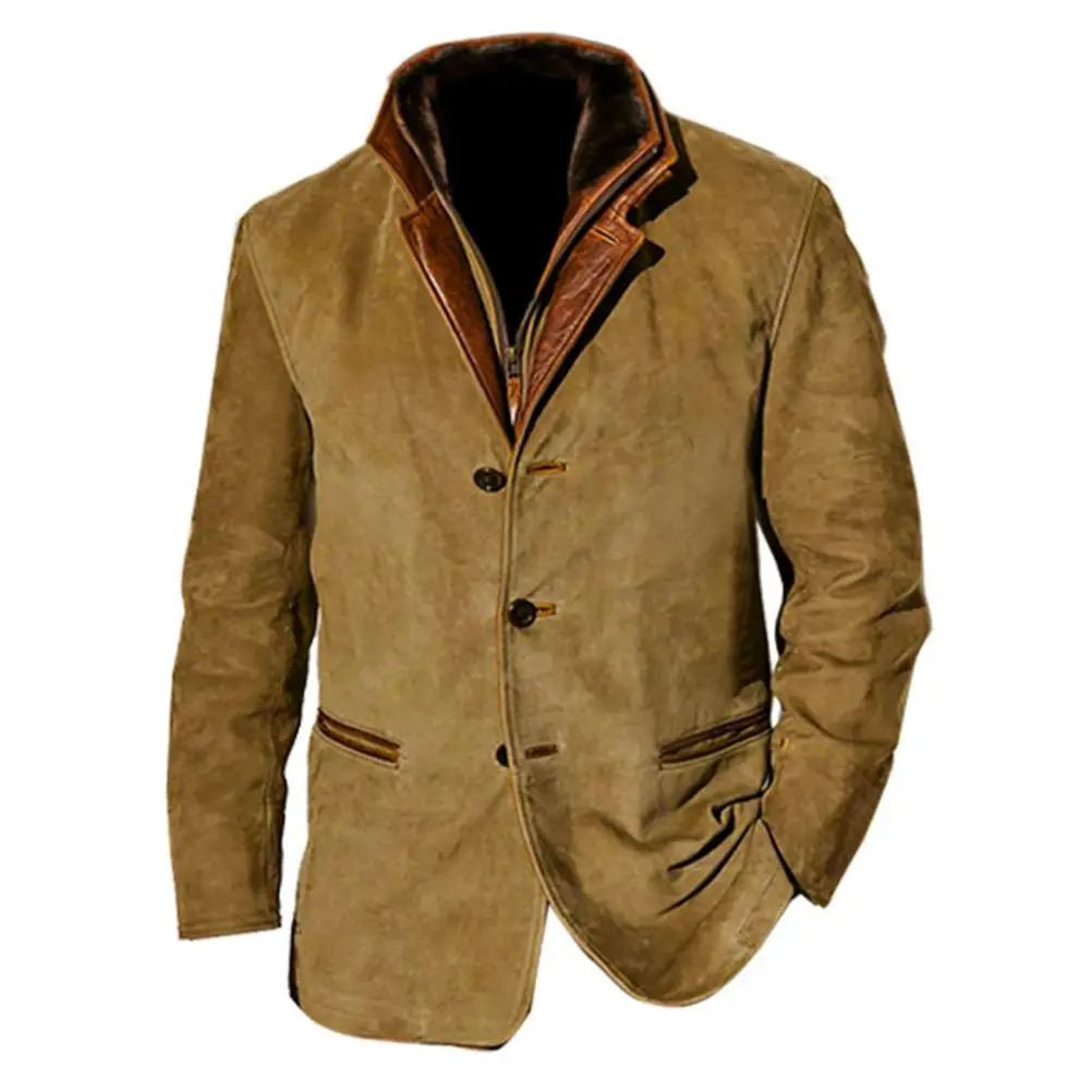 Chaqueta de invierno de retazos Retro de dos piezas con Bolsillos falsos, cárdigan de un solo pecho, manga larga, abrigo grueso de felpa de talla grande para hombre