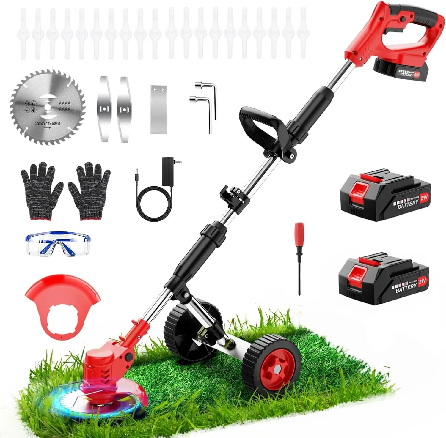 

Электрический аккумуляторный триммер Weed Wacker с колесами, 21 В, 2 × 2000 мАч, питание от аккумулятора, 6-дюймовый аккумуляторный триммер с 3 типами