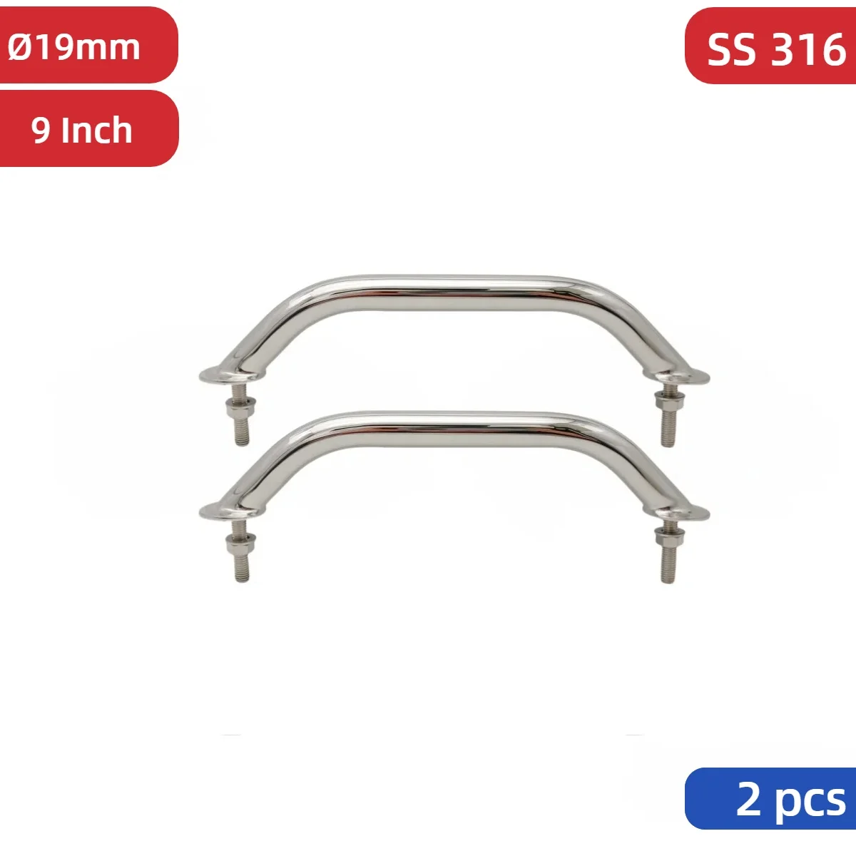 

2 PCS 230mm (9 Inch) Grip Handrail Mirror Polished OD 19mm Marine Garde 316 Stainless Steel Boat Grab Handle
