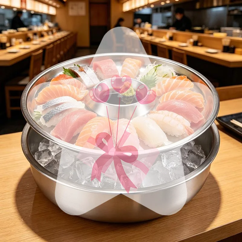 Stainless Steel Sashimi Ice Plate Round with Dipping Dish Odorless Seafood Sushi Serving Tray for Home Weekend Dinner Parties