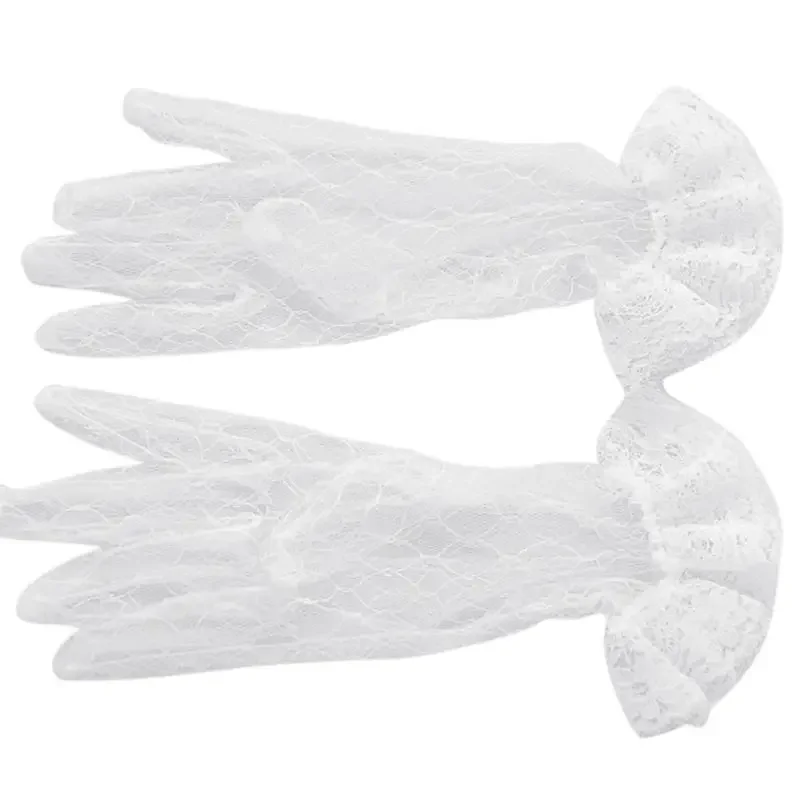 1 Pair White Bridal Wedding Short Gloves Full Fingered Transparent Rhombic Gauze Ruffle Lace Trim Wrist Length 2023