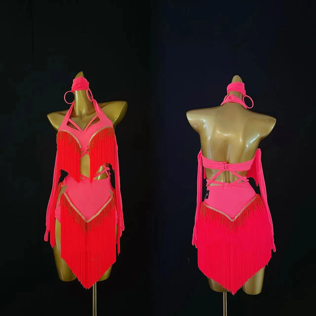 فستان رقص لاتيني راقي مخصص لؤلؤ متباين شرابة مجوفة تشا تانجو ملابس احترافية لمرحلة الكبار للسيدات #2