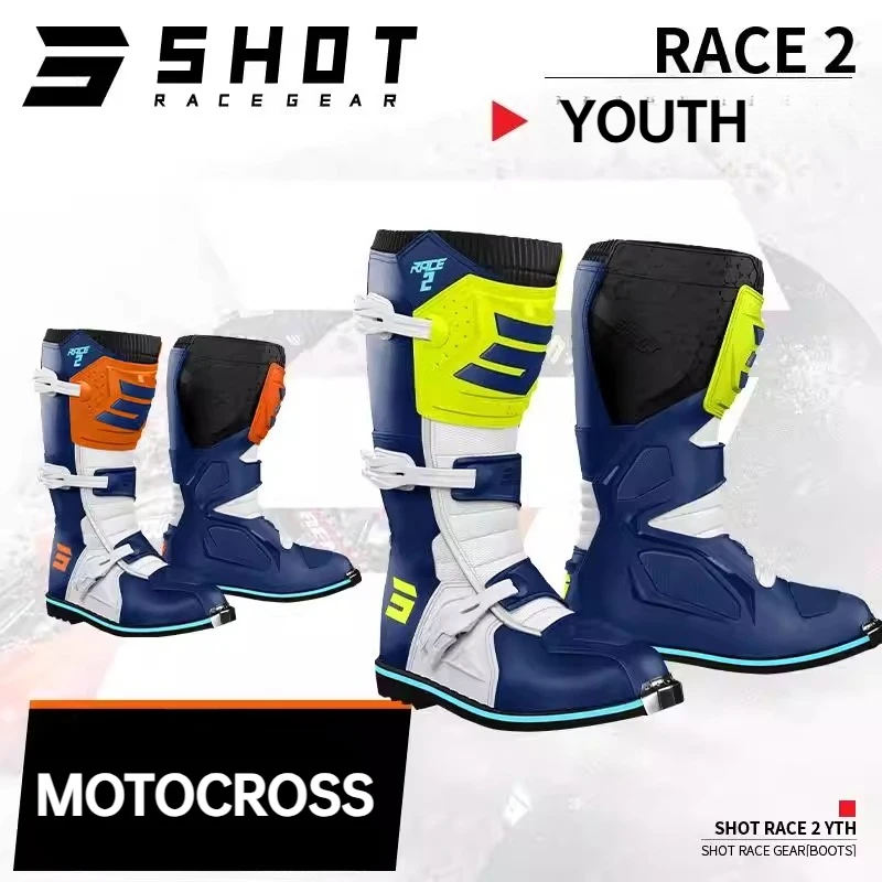 Botas de Motocross YOUTH SHOT Race2 EUR CE aprobado bota de rastreo todoterreno puntera de Metal Shot Dirt Bike Gear YTH MX Bota para 7-12 años
