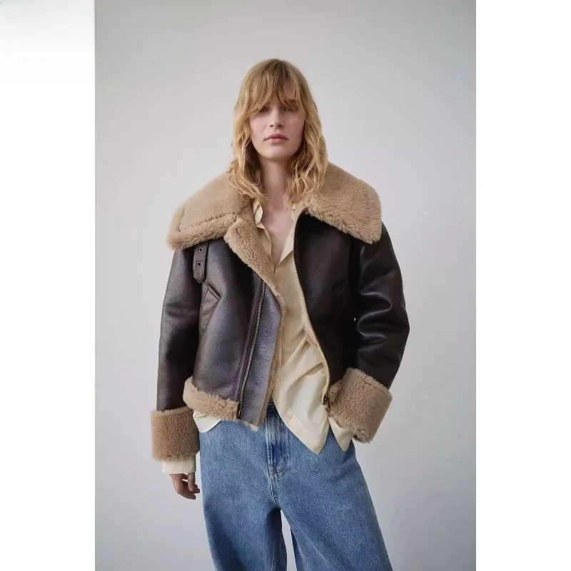 Chaqueta de Piel de O de Doble Cara Estilo Motocicta, Abrigo de Piel de Cordero, Cuero y Piel Inteados, Ropa de Abri...