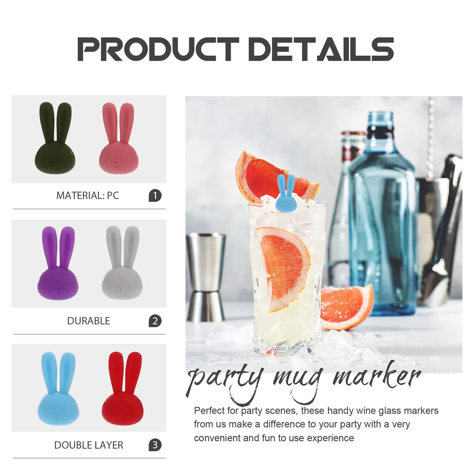 6Pcs Decorative Rabbit Cup Markers Silicone Wine Charms for Party Dinner Reusable Convenient Portable Wear-Resistant Drink