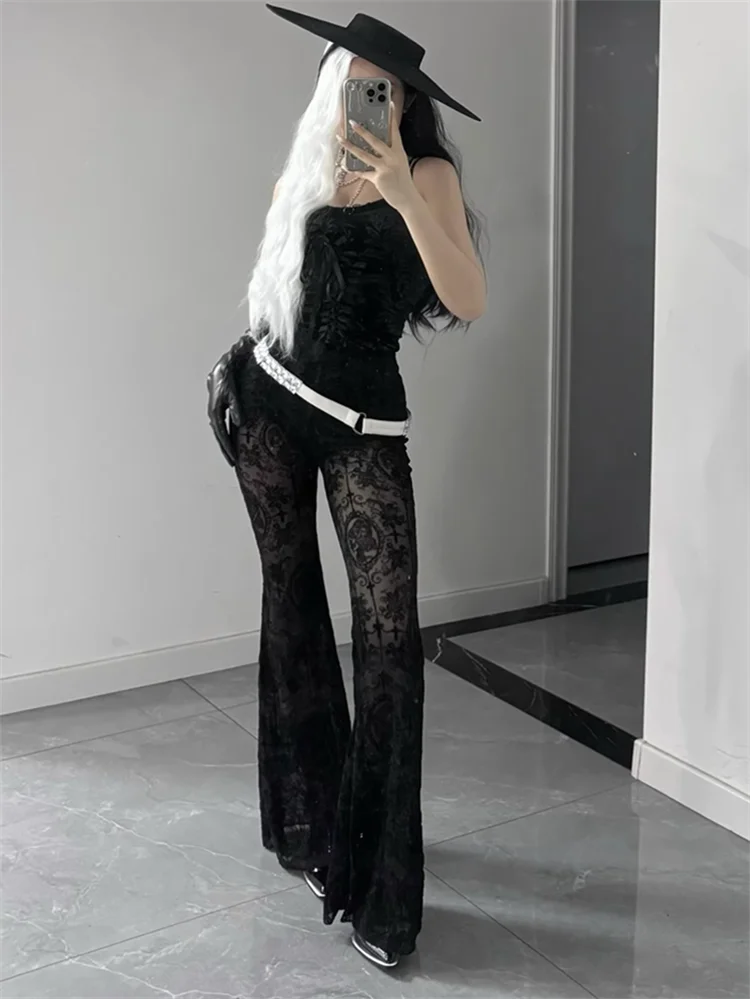 セクシーなシースルーレーススカルハイウエストパンツ レディース 2025 パンク ゴス パーティー フレアパンツ ストリートウェア ブラック スリムフィット ボトムス