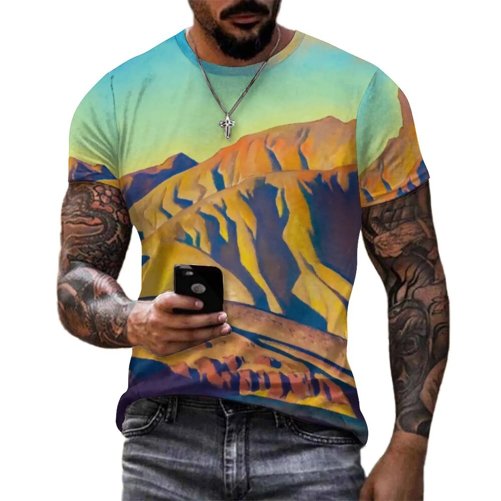 Mountain Range T-Shirt Desert Art Print Fashion T-Shirts Male Y2K Fun Tee Shirt Original Short Sleeves Graphic Clothes Plus Size