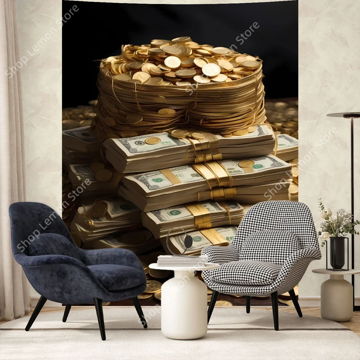 

Luxury Golden Coin Bohemian Tapestry Wall Art Metallic Sheen Textured Decor for Modern Minimalist Living Room Bedroom Ambiance