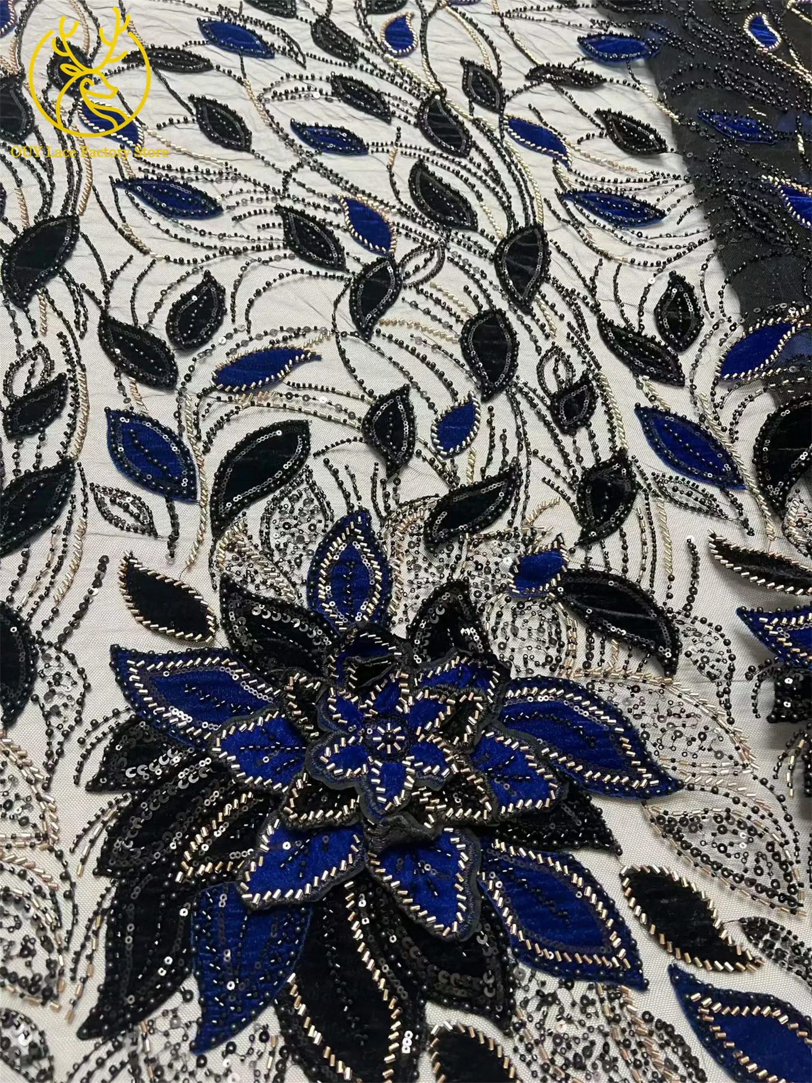 3D-Blumen handgefertigter Perlen-Spitzenstoff, afrikanischer Spitzenstoff, exquisiter nigerianischer Pailletten-Tüll-Spitzenstoff für Hochzeitskleider zum Nähen – Detail 15