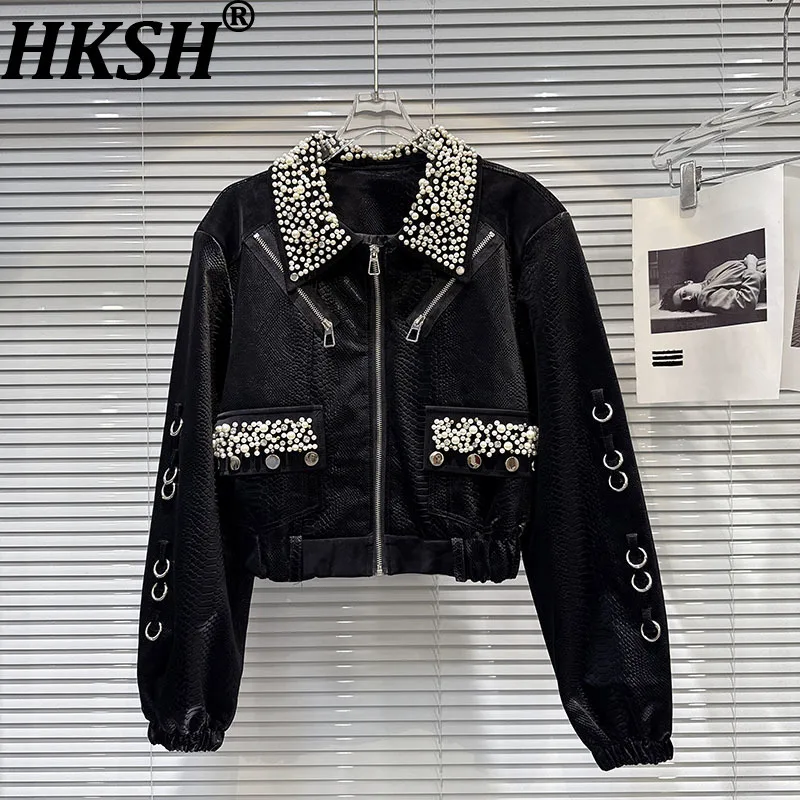 

HKSH весенне-осенняя новая женская короткая куртка с отложным воротником на молнии, тяжелое уличное пальто из искусственной кожи с бриллиантами и бисером HK12015