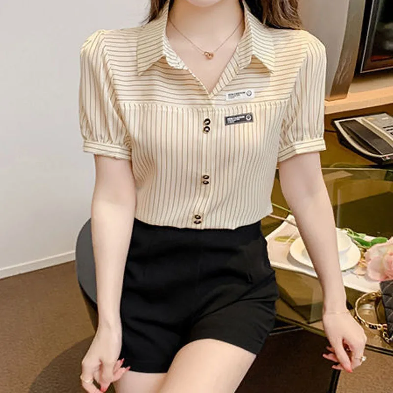 Women\'s Clothing Commute Casual Striped Printed Shirt Summer Stylish Office Lady Button Spliced Short Sleeve Polo-Neck Blouse