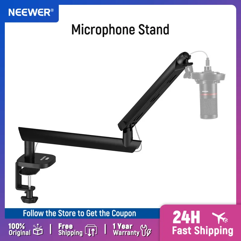 NEEWER Microphone Stand, Low Profile Damped Mic Holder Boom Arm Desk Mount Upgraded Cable Channels, 3/8