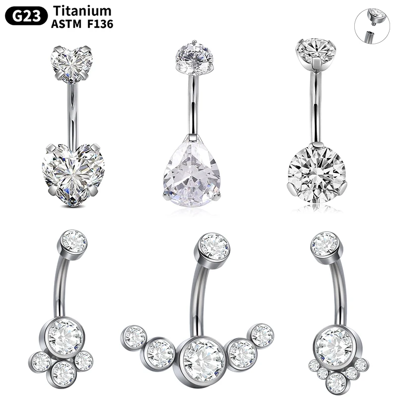 1PC G23 Titanium 14G Bezel CZ Belly Button Rings For Women Body Piercing Jewelry Internally Thread Zircon Navel Piercing Rings