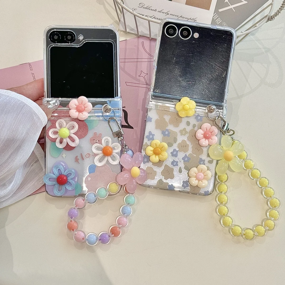 

Ins Korean Cute Cartoon Stereoscopic Flowers phone Wrist strap Case For Samsung Galaxy Z Flip7 FE Z Flip 6/5/4/3 Cover