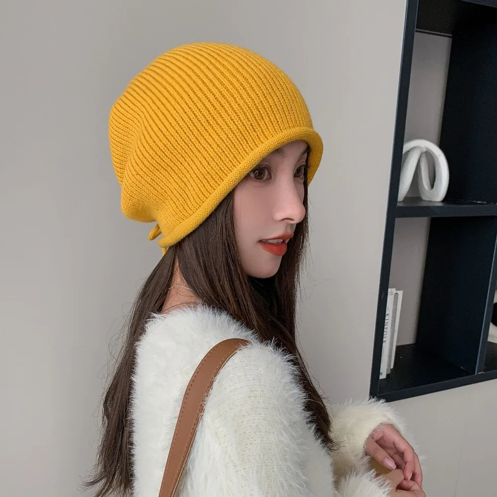 Hot Sale Knitted Pile Cap Ear Protection Solid Drawstring Stack Hat Windproof Winter Warm Cap Outdoor Sports