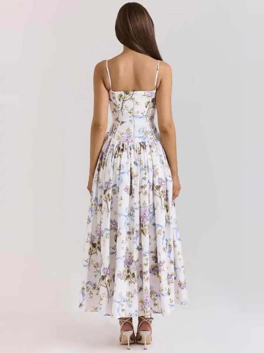 Długa spódnica damska w kwiatowy wzór, z ramiączkami, designerska, letnia, w stylu europejskim, na wiosnę i jesień...