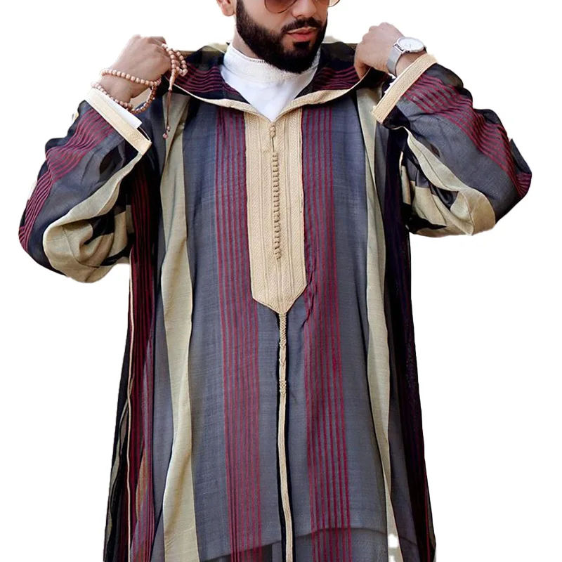 เสื้อคลุมผู้ชายมุสลิมแบบมีปก ลายทาง ทรงหลวม ระบายอากาศได้ดี ซับเหงื่อ เหมาะสำหรับใส่กลางแจ้ง