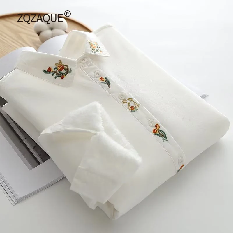 

Blouses with Rabbit Embroidery Girls Thickened Warm Shirts Long Sleeve Floral Tops Women's Fashion Factory Outlets Fall Winter