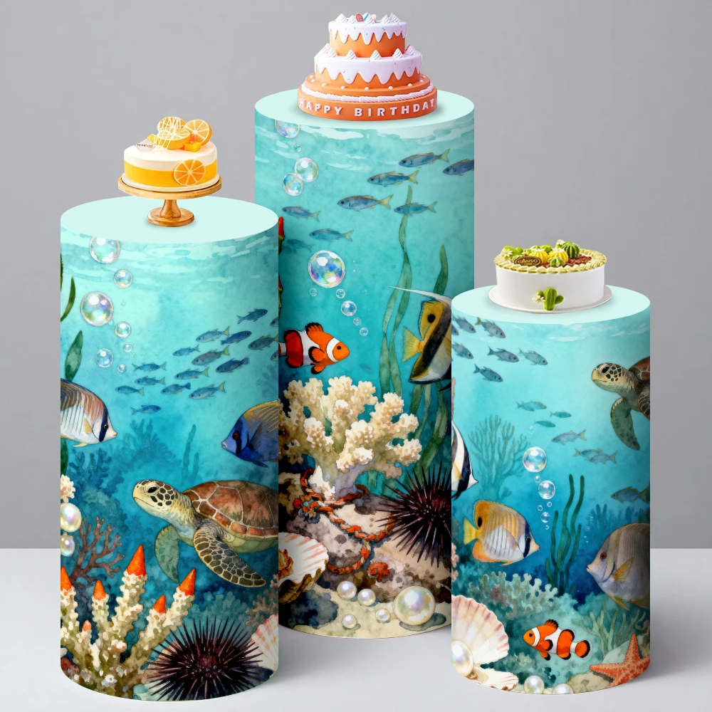 

Kids Birthday Cylinder Covers Backdrop Underwater World Party Decoration BabyShower Cake Stand Plinths Pedestal Backdrop Cover