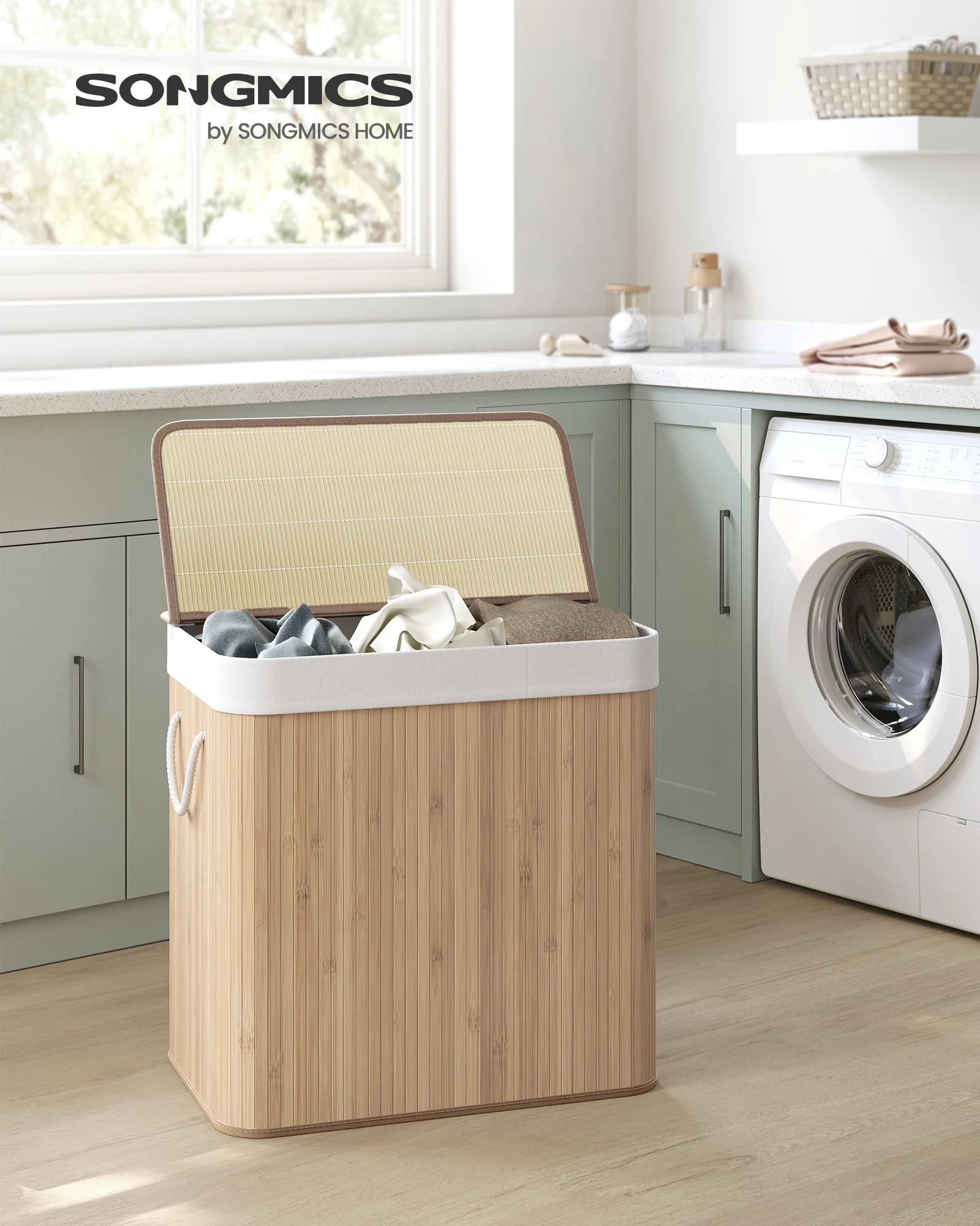 SONGMICS Panier à linge, panier à linge 150 L, 3 compartiments de tri, couvercle en bambou, poignées, pliable