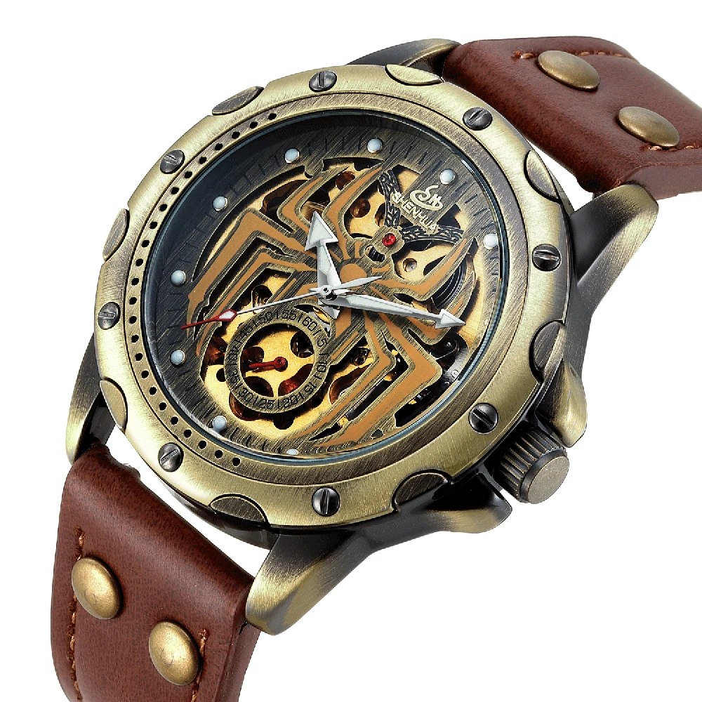 Retro Bronze Watch for Men Automatic & Manual Winding Mechanical Antique Skeleton Steampunk Leather Strap Gents Male Wrist Clock