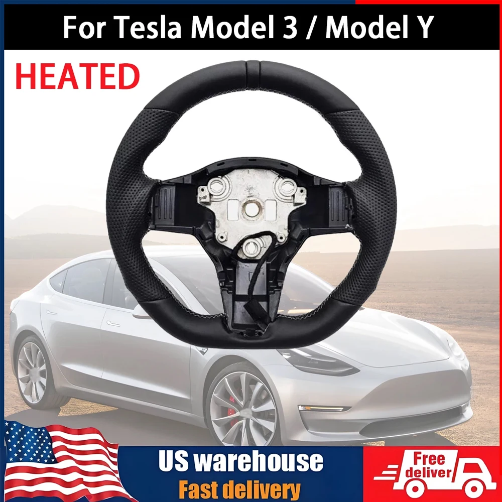 

Quality Car Black Ring Sport Leather Steering Wheel Durable For Tesla Model 3 Model Y HEATED Car Accessories